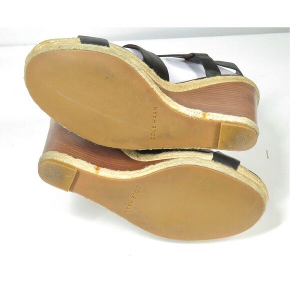 Cole Haan Strappy Black Leather Brown Wedge Slingback Sandals Women 6.5 - Picture 7 of 9